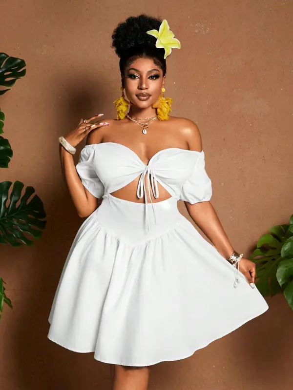 Damen Off-Shoulder Puffärmel Midikleid
