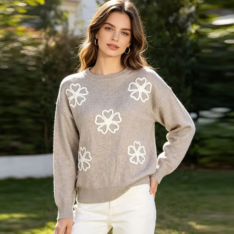 Damen Strickpullover mit Blumenmuster