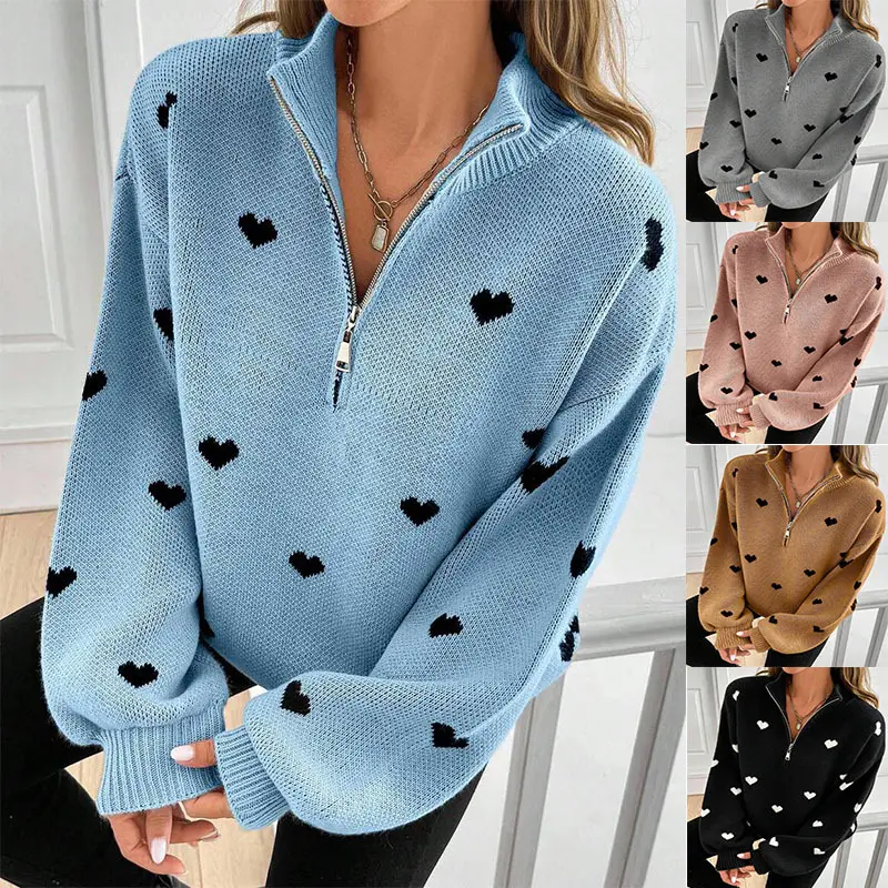 Damen Strickpullover mit Herzmuster-Reissverschluss