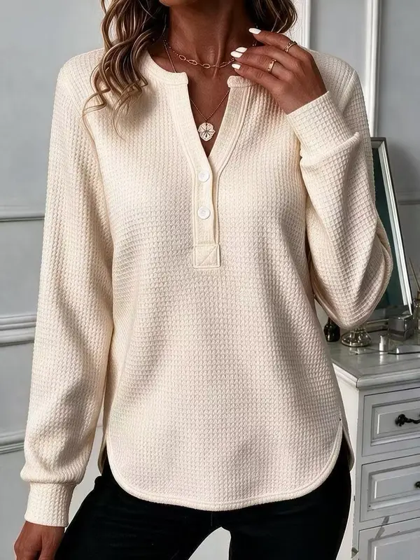 Damen-V-Neck Langarmshirt mit Doppel-Hemdblende