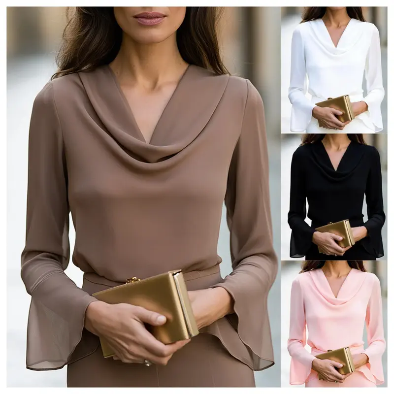 Damen V-Neck Top mit Rüschen und ausgestellten Ärmeln
