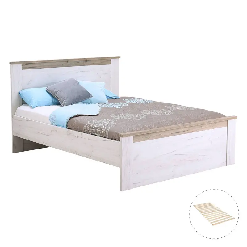 Doppelbett Bettgestell Holzbett Bettrahmen und Lattenrost Bett Ehebett Eiche - Weiss Grau, 160x200cm