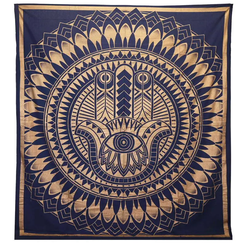 Doppelbettdecke, Ritualtuch, Wandbehang aus Baumwolle — Hamsa — Goldblau 230 cm x 200 cm