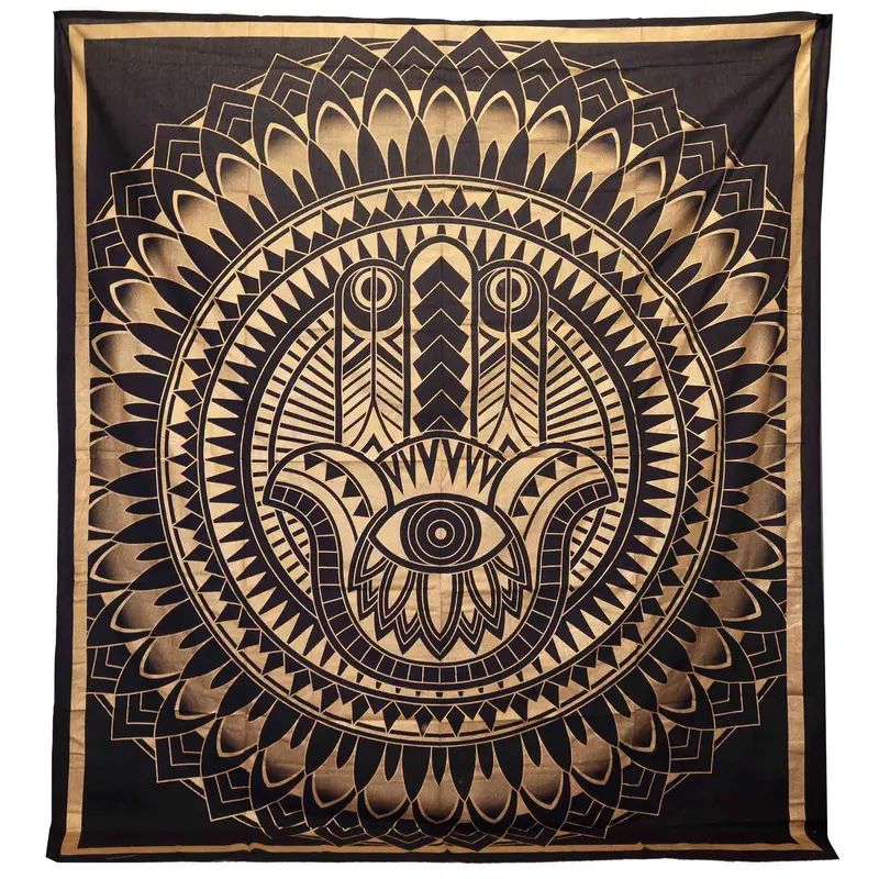 Doppelbettdecke, Ritualtuch, Wandbehang aus Baumwolle und Wandteppich — Hamsa — Schwarzgold - 230 cm x 200 cm