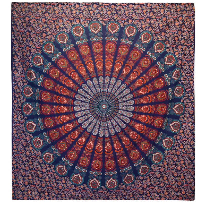 Doppelbettdecke, Ritualtuch, Wandbehang aus Baumwolle und Wandteppich — Mandala Peacock — Blau - 230 cm x 200 cm