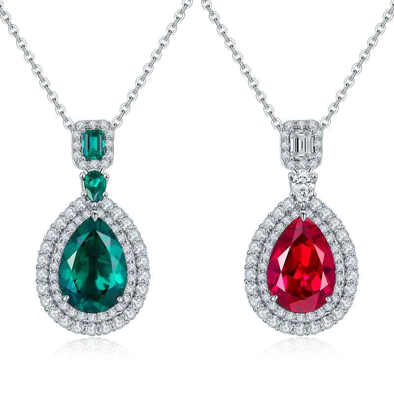 Edelstein-Halskette «Rubin & Smaragd» · 925 Silber Doppel-Halo