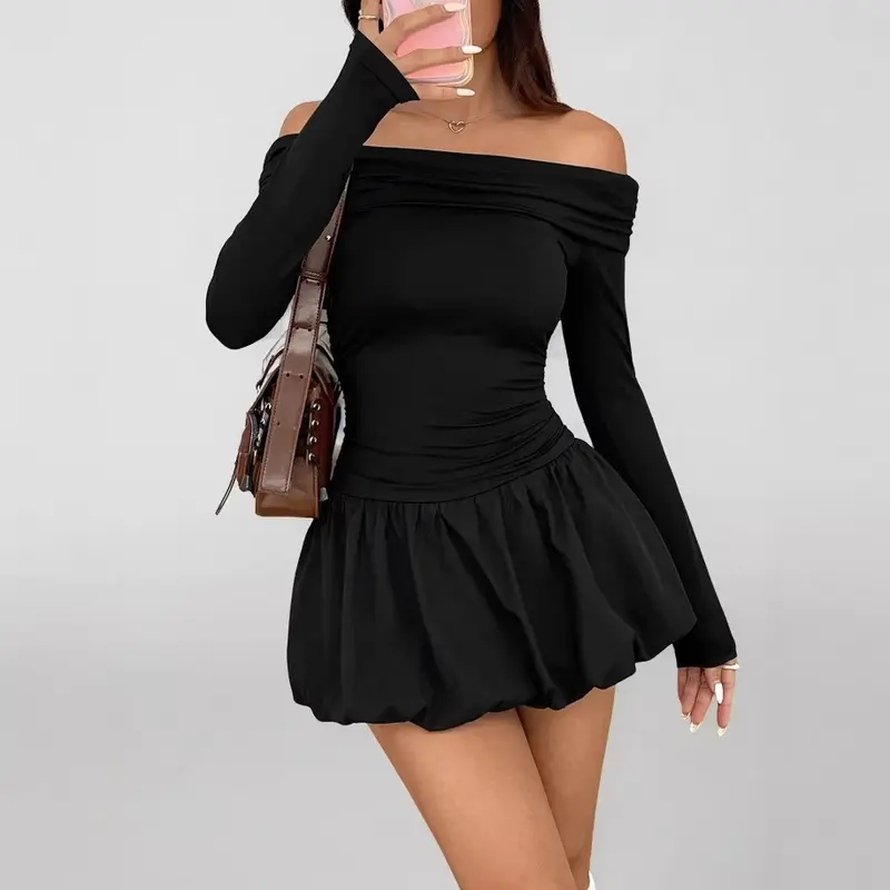 Einfarbiges One-Shoulder Minikleid mit langen Ärmeln
