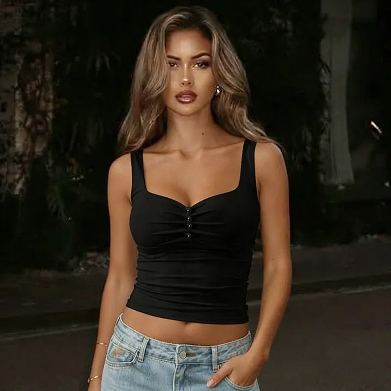 Elegantes U-Neck Plissee-Top mit Perlen