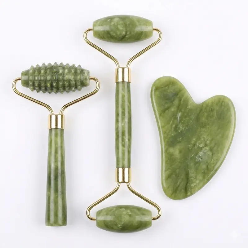 Ensemble Spa Visage & Cou en Jade (Rouleau Lisse, Picots et 2 Gua Sha)