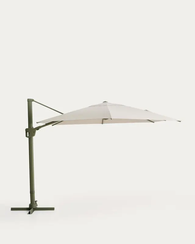 Exzentrischer Sonnenschirm Noli in Beige mit grünem Aluminiumgestell, 300 x 420 cm