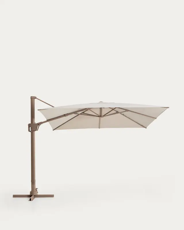 Exzentrischer Sonnenschirm Noli in Beige mit taupefarbenem Aluminiumgestell, 300 x 300 cm