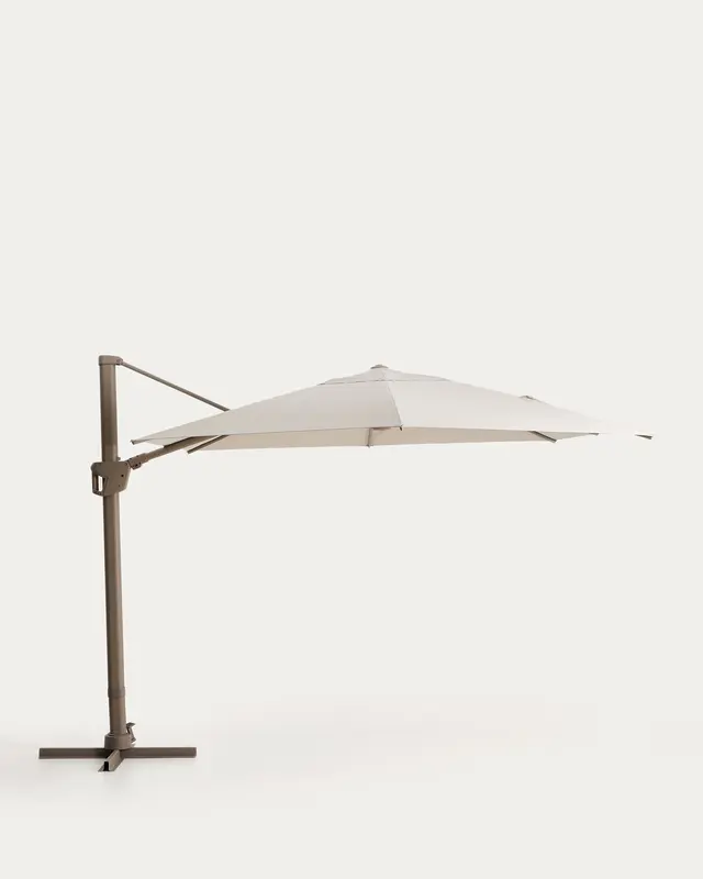 Exzentrischer Sonnenschirm Noli in Beige mit taupefarbenem Aluminiumgestell, 300 x 420 cm