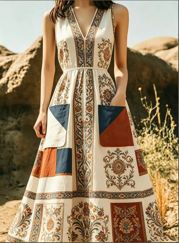 Figurbetontes A-Linien Maxikleid mit V-Ausschnitt