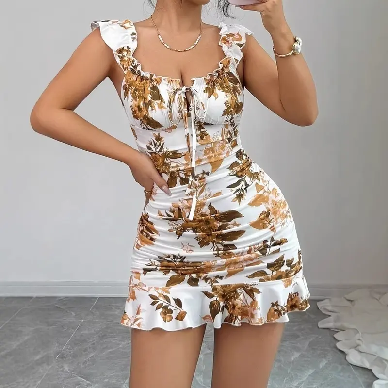 Floral-Sommerkleid «Marguerite» – Rüschen-Träger, figurbetont