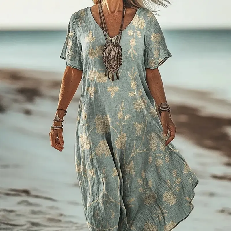 Geblümtes A-Linien Stretch-Kleid mit V-Ausschnitt