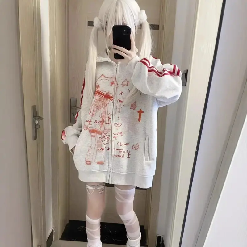 Gestreifter Anime-Print Hoodie mit Reissverschluss