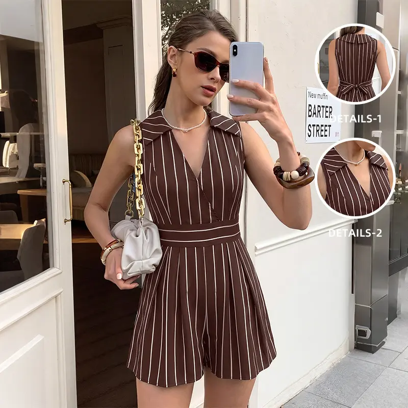 Gestreifter ärmelloser V-Ausschnitt Jumpsuit