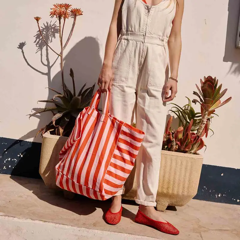 Gestreifter Baumwoll Shopper Tomato & Candy Pink – Damen Strandtasche aus Canvas