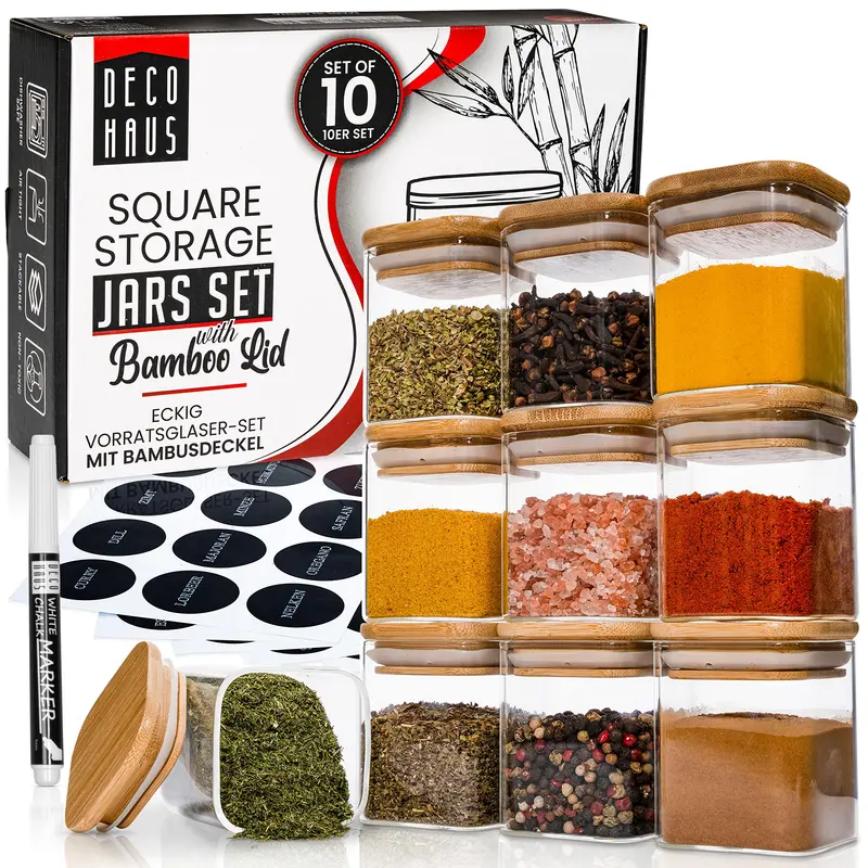 Gewürzgläser-Set mit Deckel, 10 Set Eckig