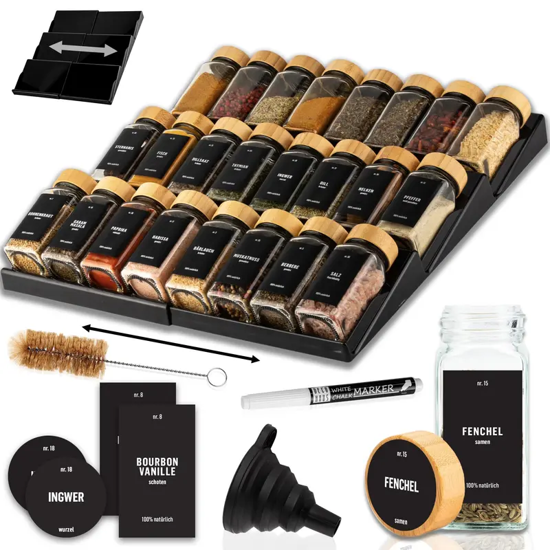Gewürzgläser-Set mit Schubladeneinsatz, 24 Stk, ausziehbar, Schwarz, Deckel Bambus