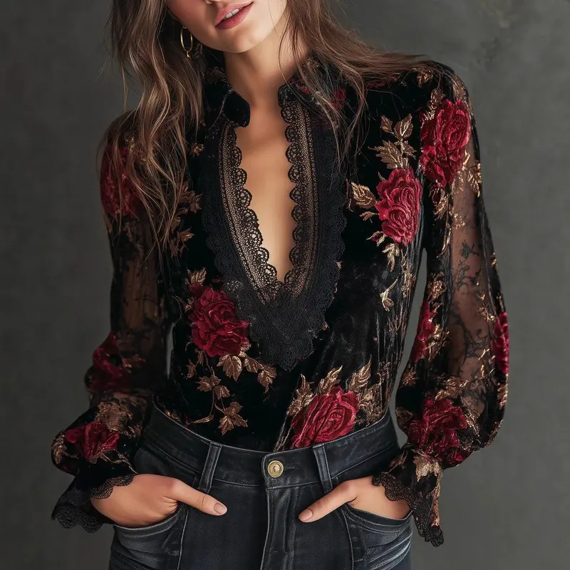 Gold Samt Bluse mit Stickerei