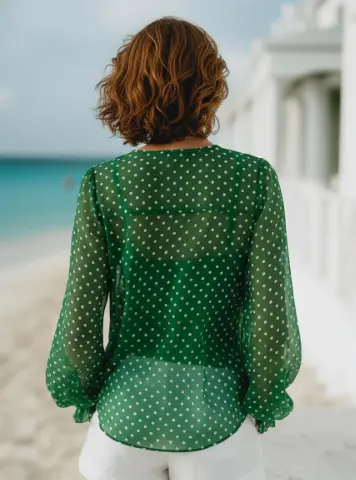 Grünes Polka-Dot V-Neck Langarmshirt