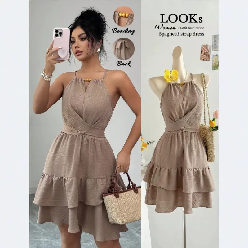 Halter V-Ausschnitt Rüschenkleid