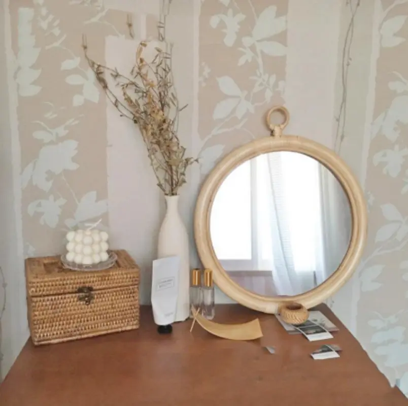 Handgefertigter Vintage-Rattan-Make-up-Spiegel