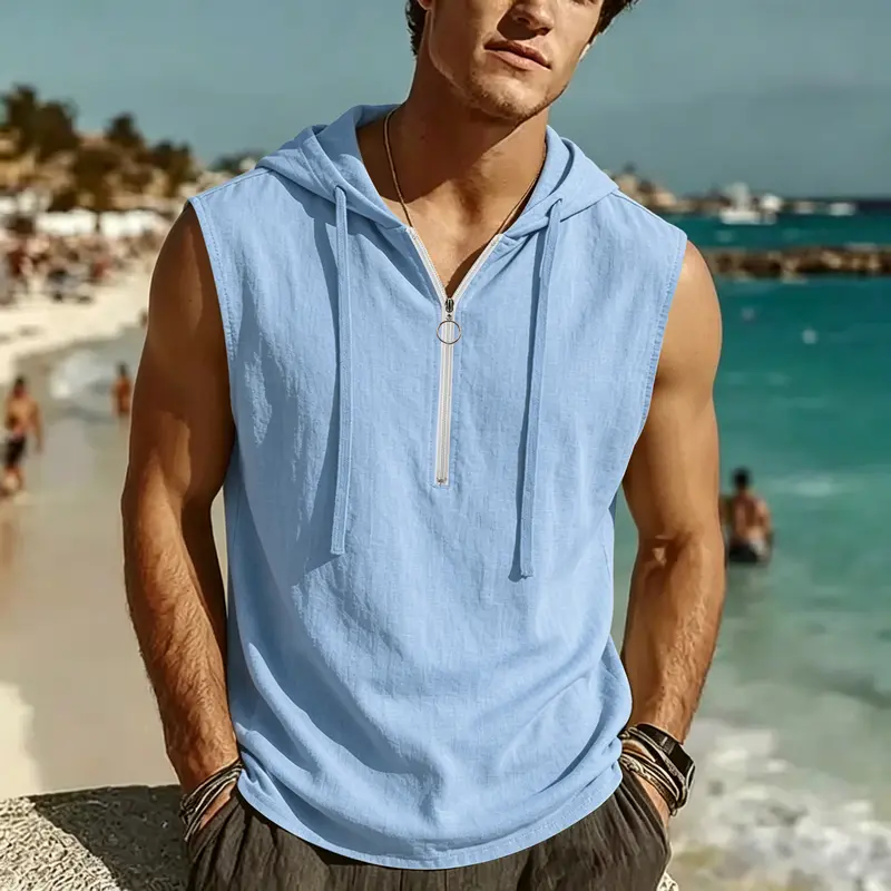 Herren Leinen Hoodie – Ärmellos, Unifarben