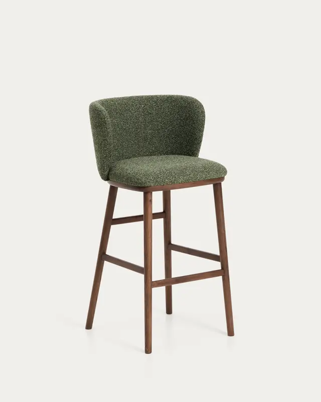 Hocker Ciselia in dicker, dunkelgrüner Chenille mit Beinen aus massivem Eschenholz mit walnussholzfarbenem Finish, FSC Mix Credit, 75 cm
