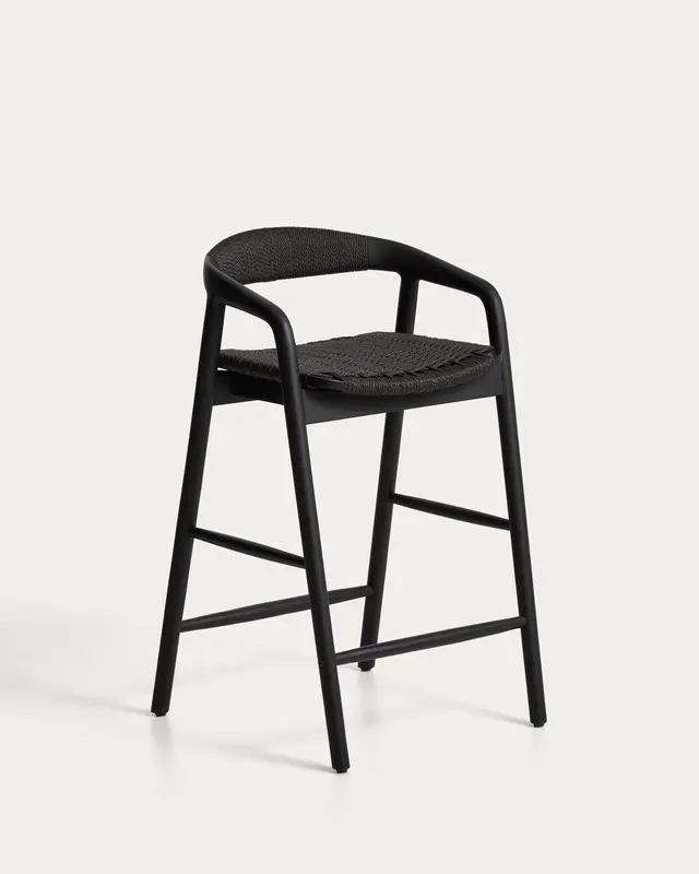 Hocker Derile aus massivem Eichenholz mit schwarzem Finish und schwarzem Papierseil 100% FSC 65 cm