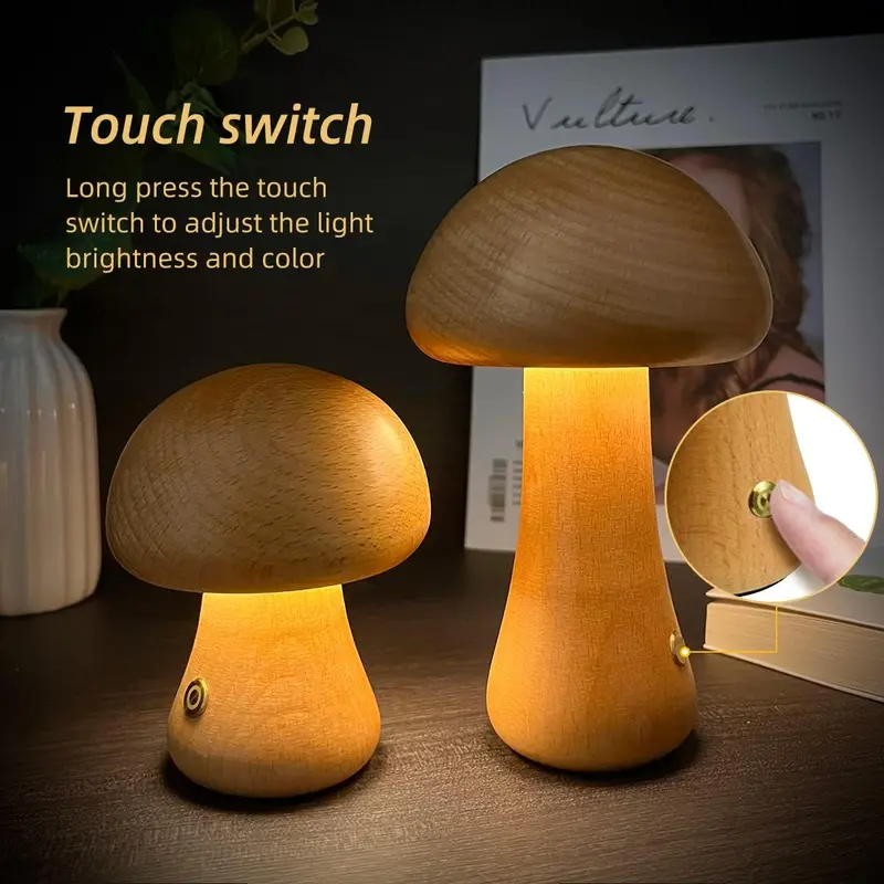 Holz-Pilz Nachtlicht mit Touch-Schalter