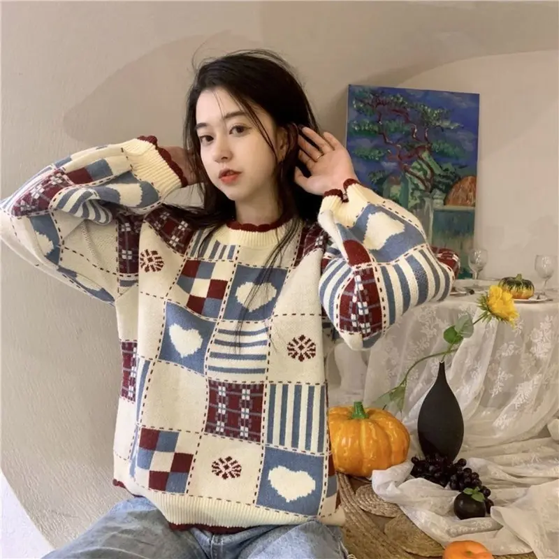 Japanischer Retro Colorblock Herz Pullover
