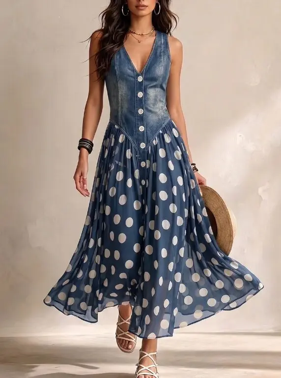 Jeans-Look Top mit Tupfenkleid