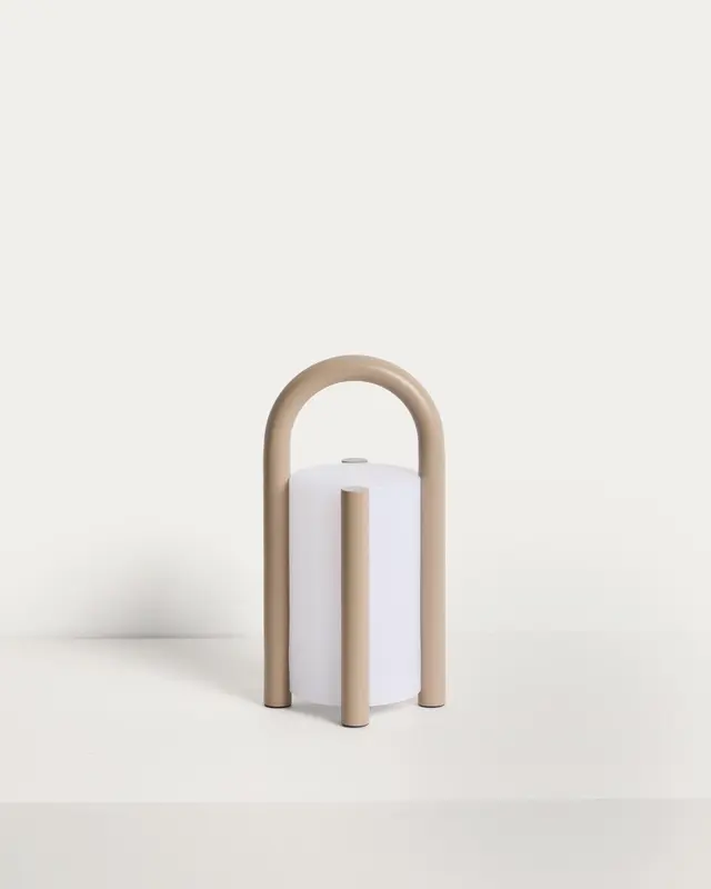 Kleine tragbare Tischlampe Leros aus Polyethylen und taupefarbenem Stahl