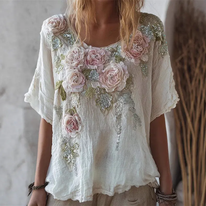 Kurzarm-Top mit Jacquard-Print und schräger Schulter