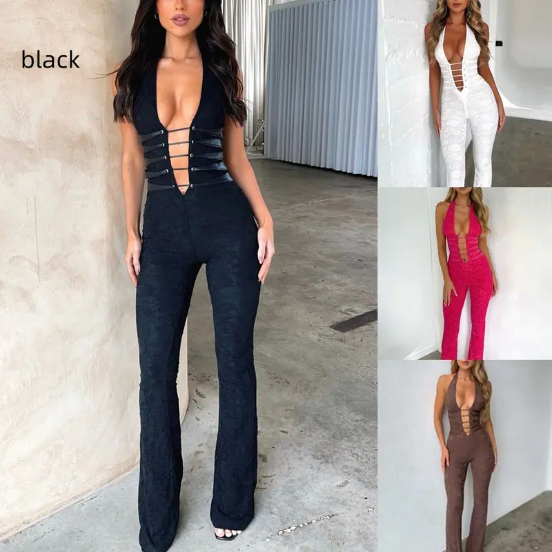 Lace-Up Jumpsuit Slim Fit – Durchsichtiges Spitzenmuster