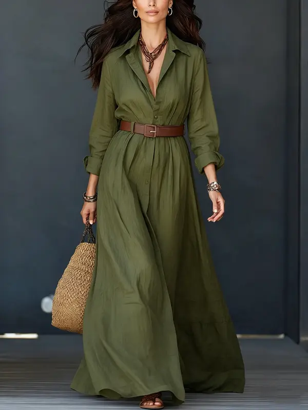 Langarm-Kleid mit Taillengürtel, elegant, lang, für Urlaub
