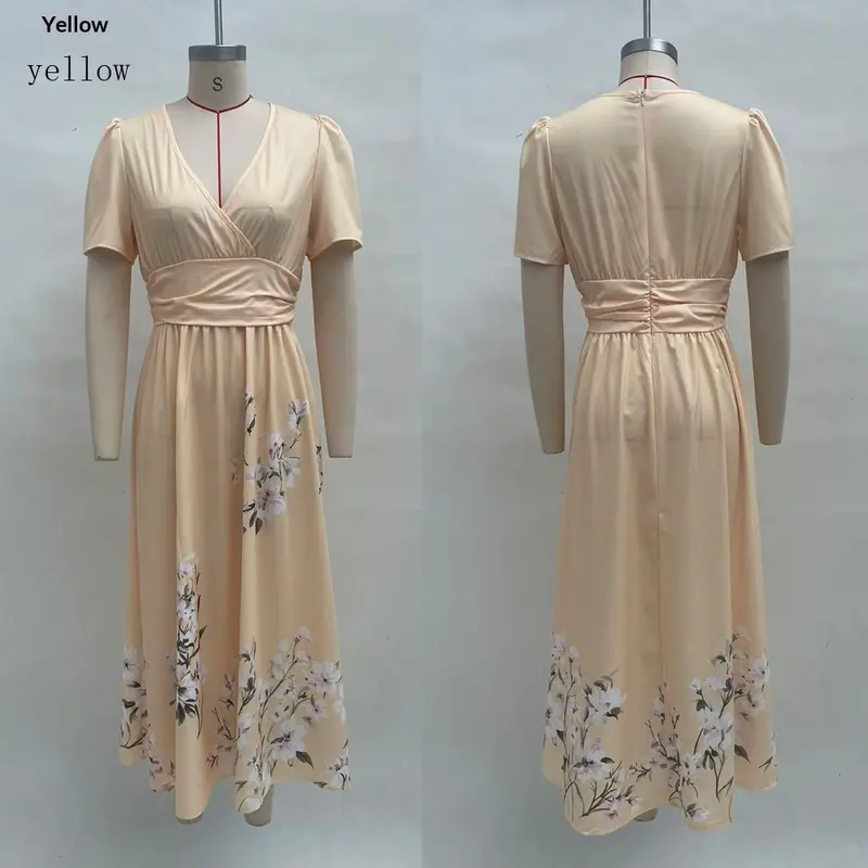 Lange Blumen-Kleid mit V-Hals