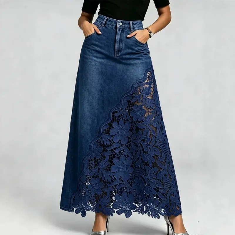 Langer Bodycon-Jeansrock mit Spitze