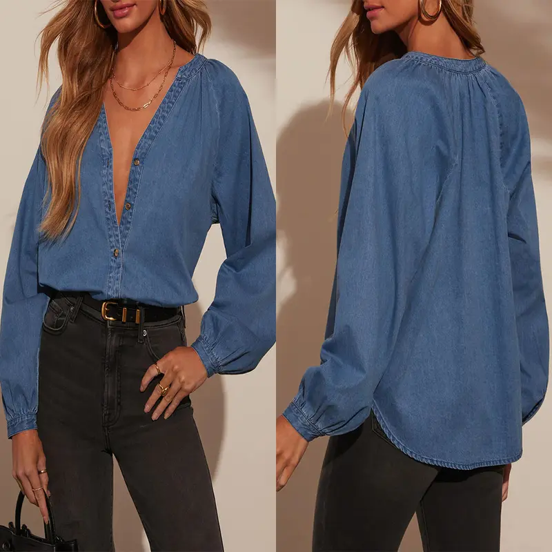 Lässiges Denim-Langarmshirt mit V-Ausschnitt