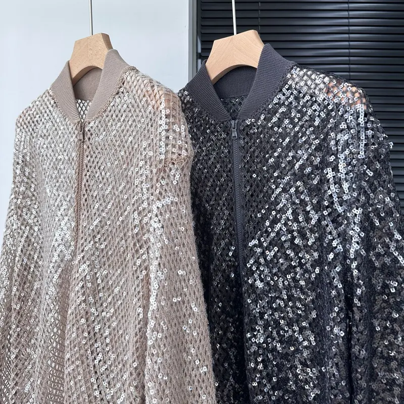 Leinen-Blazer mit Pailletten und Stehkragen