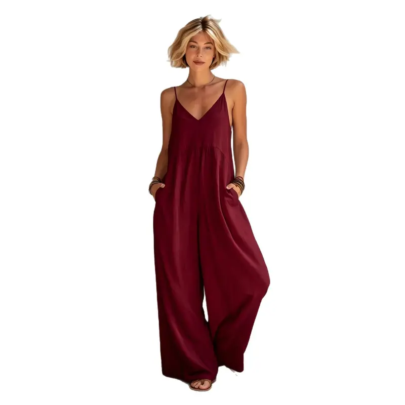 Leinen-Jumpsuit mit weitem Bein und V-Ausschnitt