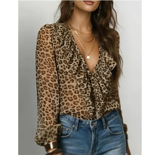 Leopard-Print Chiffon-Shirt mit V-Ausschnitt