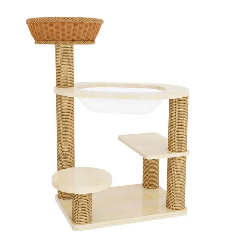 Massivholz-Katzenbaum mit Rattan-Bett