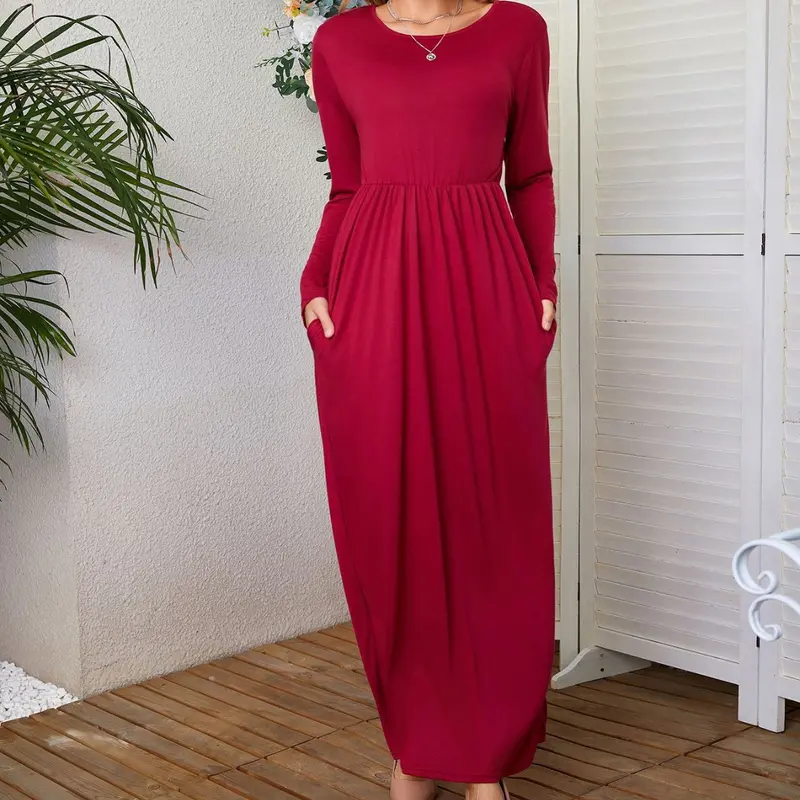 Maxikleid mit Rundhals, langen Ärmeln und Taschen