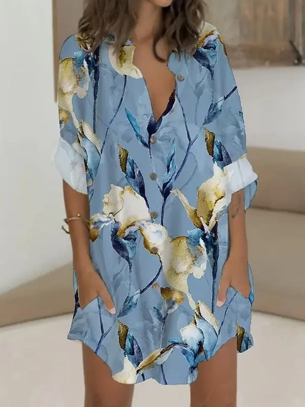 Midi-Hemdblusenkleid mit Blumenprint und Taschen