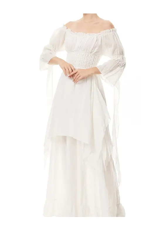 Mittelalter Renaissance Kleid mit Korsett-Gürtel, Weiss XL