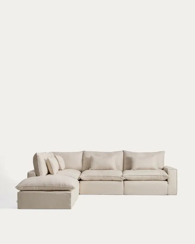 Modulares 6-Sitzer-Ecksofa Anarela mit abnehmbarem Bezug aus Leinen und Viskose in Beige, 307 x 347 cm, FSC Mix Credit