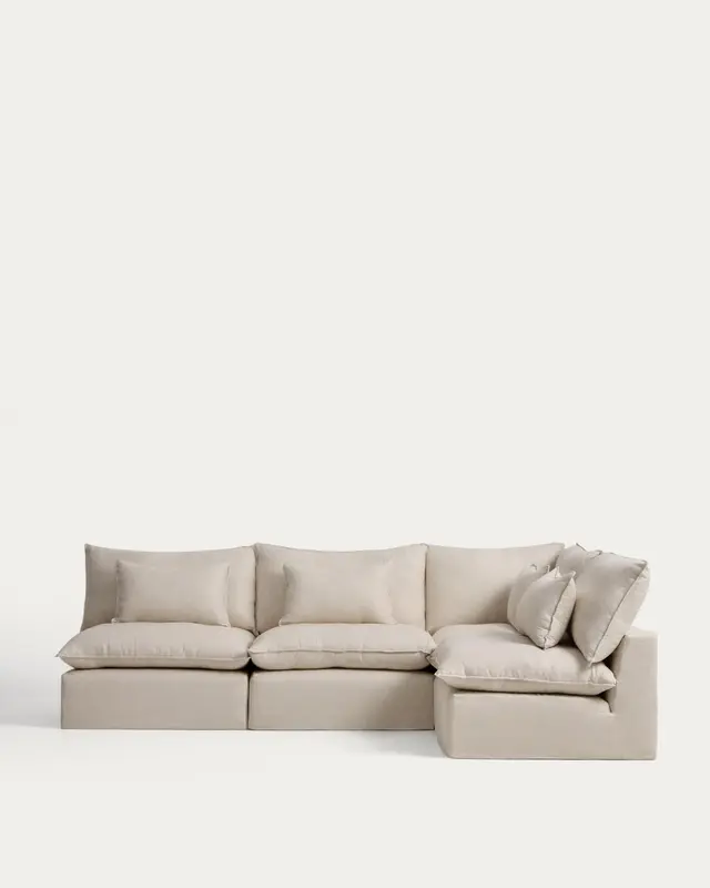 Modulares 6-Sitzer-Ecksofa Anarela mit abnehmbarem Bezug aus Leinen und Viskose in Beige, 327 x 217 cm / 217 x 327 cm, FSC Mix Credit